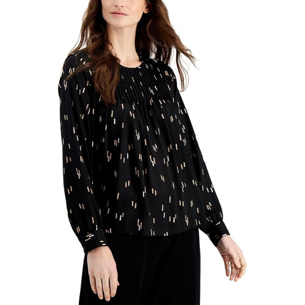 Alfani Womens Size Medium Printed Pleated Long Sleeve Blouse in Black $59 243